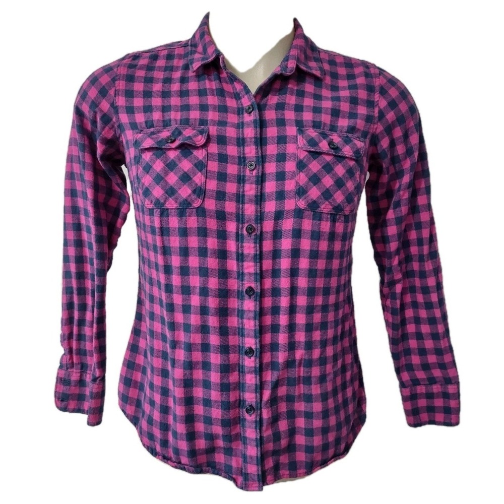Eddie Bauer Flannel Shirt Large Women Buffalo Plaid Pink Navy L Gorp Cabin Core
